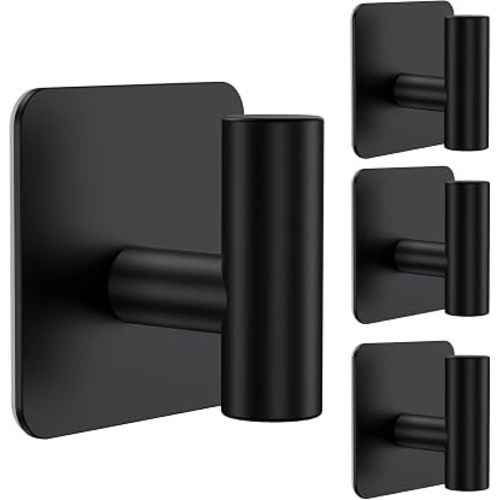 Aikzik 4 Pack Large Heavy Duty Wall Hooks - 26lb Max, Stainless Steel Adhesive Towel Hook, Shower Hooks for Hanging Towel, Coat, Robe, Wall Hook for Use in Bathroom, Kitchen and Door, Matte Black