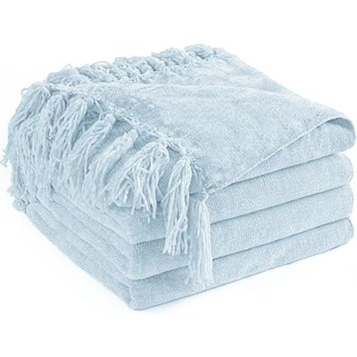 Chenille Throw Blanket for Couch 50"X 60", Soft Cozy Throws with Fringe Tassel for Bed Sofa Chair Cover, Lightweight Knitted Decorative Boho Blankets for Living Room, Light Blue