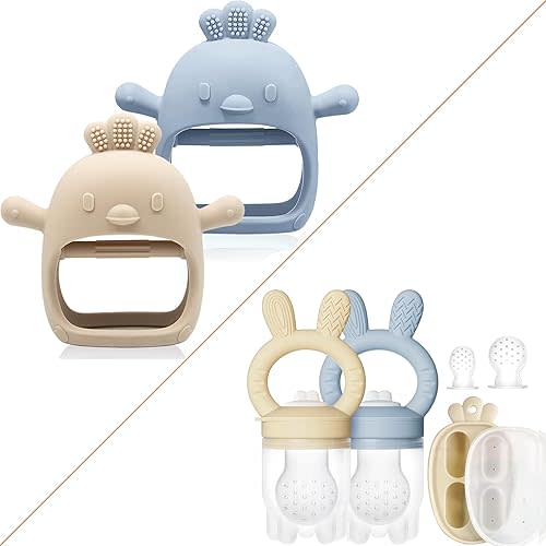 Baby Teething Relief Package, Teething Mitten & Freezer Teether Feeder for 0-6 6-12 Months Babies, 100% Food Grade Silicone, BPA Free