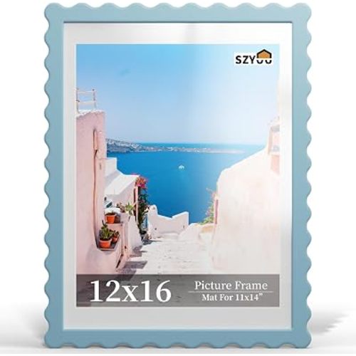 12x16 Wavy Picture Frame with Mat for 11x14, Real Glass and Wooden Frame - Wall Hanging Photo Frame(1 Pack,Blue)