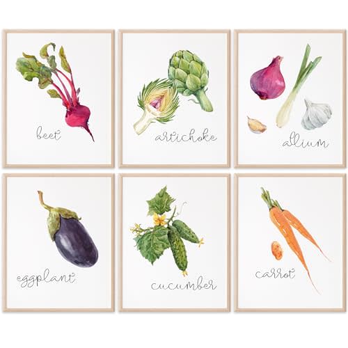 DREAM BIG PRINTABLES Botanical Wall Art - Vegetable Set of 6 - Unframed - 8x10 Watercolor Prints - Kitchen Wall Decor