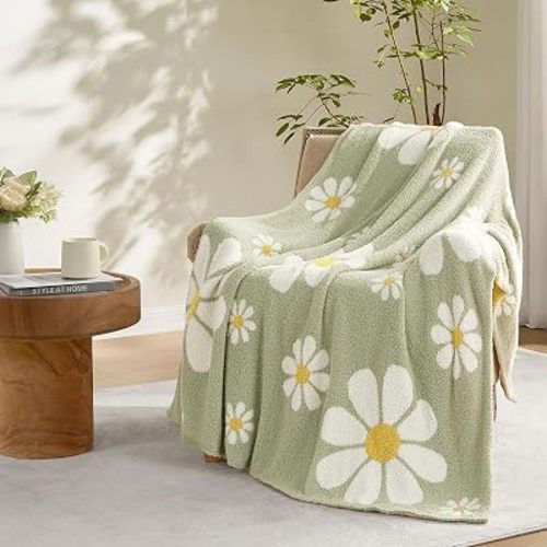 Snuggle Sac Spring Flower Throw Blanket for Couch, Fuzzy Microfiber Warm Winter Daisy Floral Blankets, Cute Throws for Girls Daughter Gifts, Flower Sage Green, 50x60 inches