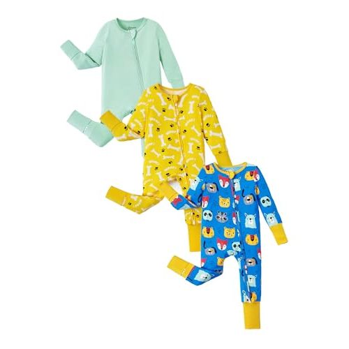 PATPAT Baby Boys Girls Bamboo Viscose Footies 3-Pack, NB-2T | 2-Way Zipper, Fold-Over Mittens & Feet, Non-Slip Soles,Super Soft Fabric