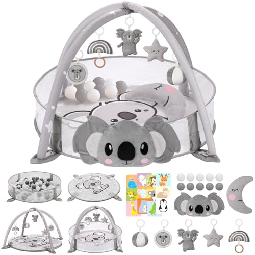 7-in-1 XL Large Baby Play Gym Mat, Tummy Time Mat with Support Pillow, Baby Activity Mat & Ball Pit (10 Balls), 5 Detachable Toys & Milestone Cards, Grey Koala