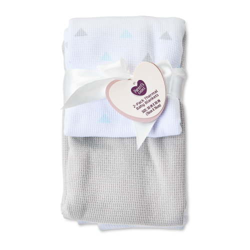 Parent's Choice Gray & Aqua Triangle 100% Cotton 2-Pack Thermal Baby Blanket, Infant Boy or Girl, Unisex