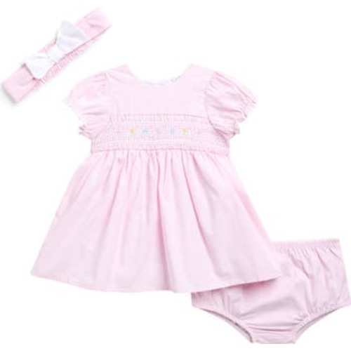 Flower Embroidered Smocked Dress & Headband Set, 3M