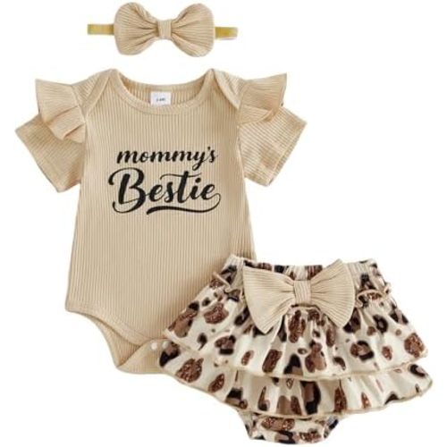 fhutpw Newborn Baby Girl Clothes Ribbed Sleeve Romper Top Leopard Ruffle Shorts Bow Headband Infant Summer Outfits 0-18M