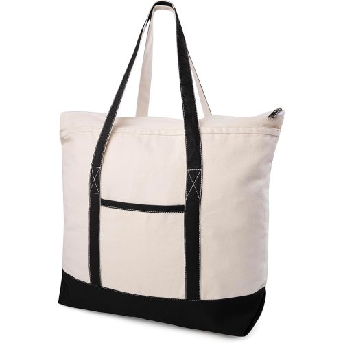 Canvas Tote Bag with Zipper & External Pocket, Cotton Travel Tote Bag with Handles for Women