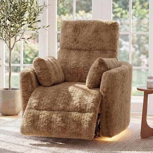 Power Swivel Rocker Recliner, Large Nursery Glider, USB A&C, Brown | Fluffy Plush Nursery Chair w/ 2 Pillows, USB and Type-C Ports, Night Light,for Living Room,Bedroom,Nursery