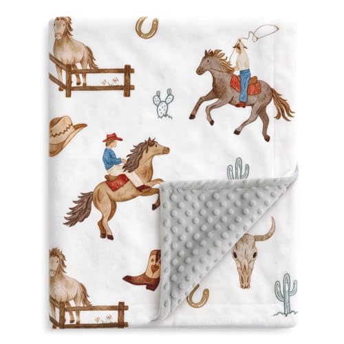 HOMRITAR Cowboy Baby Blanket for Boys Double Layer Dotted Backing | Soft Lightweight Minky Farm Blanket for Infant Toddler Outdoors Stroller Nursery Crib Shower Gifts 30 x 40 Inch