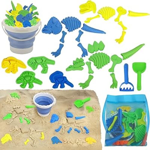 TOY Life 30 Pcs Dinosaur Fossil Beach Toys for Kids Ages 4-8 Collapsible Sand Toys with Dinosaur Toys Silicone Bucket Shovels & Dino Digging Building Kit Molds, Sandbox Toy for Summer, Travel