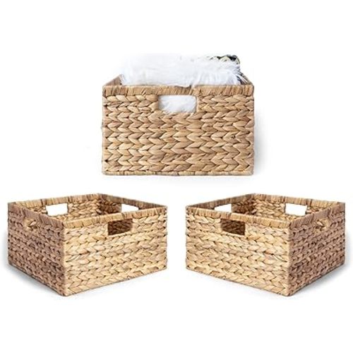 Large 14.5” x 13.5” x 8” (Set of 3) Natural Water Hyacinth Woven Storage Baskets, Rectangular Wicker Basket with Built-in Handles, Large (Natural)