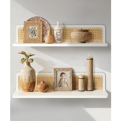 Rattan Wall Shelf 24inch Set of 2, Handmade White Floating Shelves Boho Wall Decor, Rustic Wood Wall Mounted Storage Shelves for Living Room Nursery Bedroom