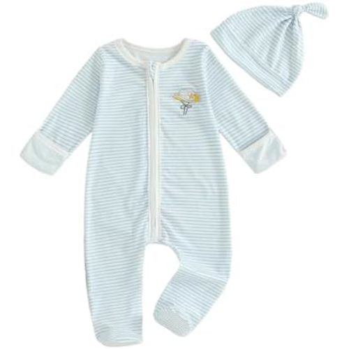 Infant Boy Western Footie Rompers Newborn Baby Coming Home Outfit Fall Clothes Long Sleeve Striped Jumpsuit with Hat