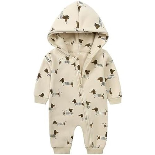 Baby Boy Girl Fall Winter Fleece Hooded Zipper Romper Cute Cartoon Print Bodysuit Jumpsuit Outfits Warm Clothes