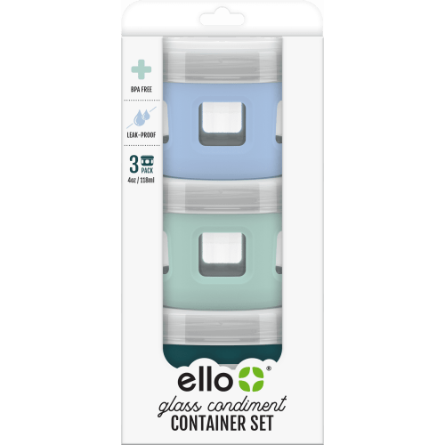 Ello Duraglass Reusable Glass Condiment Containers with Leak Proof Plastic Lid, 4 oz, Set of 3
