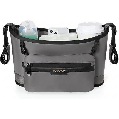 Momcozy Universal Stroller Organizer, Slim Stroller Caddy with 2 Insulated Cup Holders, Non-Slip Silicone Straps, Detachable Mini Pouch, Dense-Weave Parent Console for UPPAbaby, Doona, Graco & More