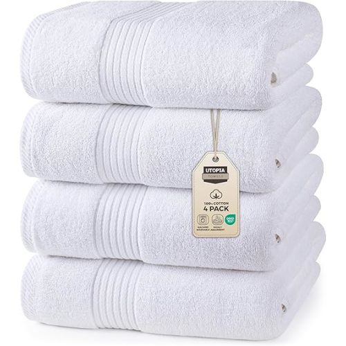 Utopia Towels Luxurious Bath Towels Set, 4 Pack, 27 x 54 Inches – 100% Ring Spun Cotton, Thick, Plush, and Fast-Drying, Designed for Premium Hotels, Spas, and Homes (White)
