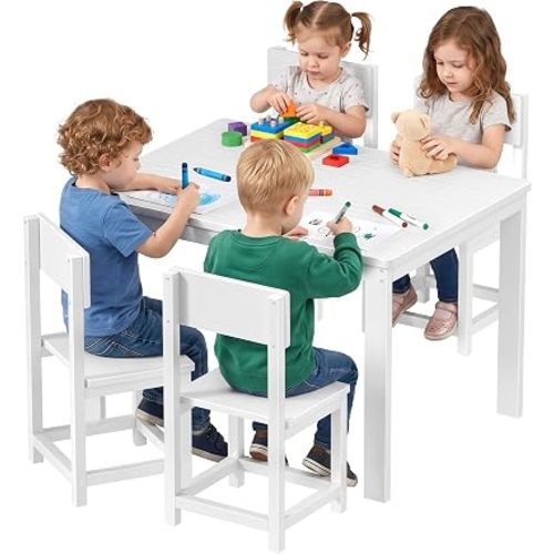 BOLUO Kids Table and Chair Set 3-7 Year Old, Activity Table for 4 Kids, White Toddler Table and Chairs, Play Desk for Kids Children Learning Center