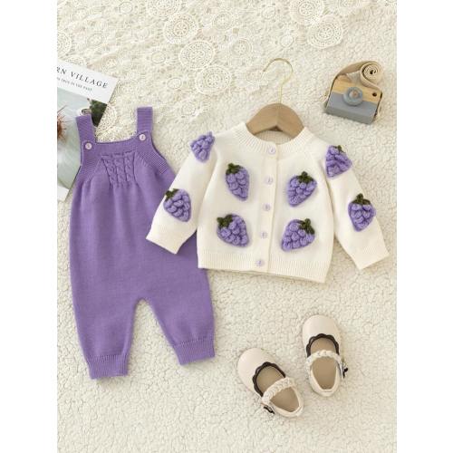 SHEIN Vintaside Kids Baby Girls Fashion Cute Mix & Match Grape Decor Cardigan And Knitted Jumpsuit 2pcs Set, Autumn/Winter | SHEIN USA