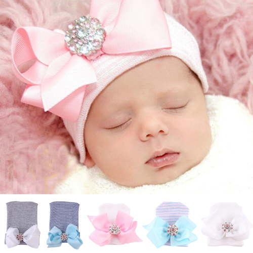Newborn Hospital Hat Infant Baby Hat Cap with Big Bow Soft Cute Knot Nursery Beanie (1 or 3 Pack Bow Knit Rhinestone Ribbon/ 0-3 Month)