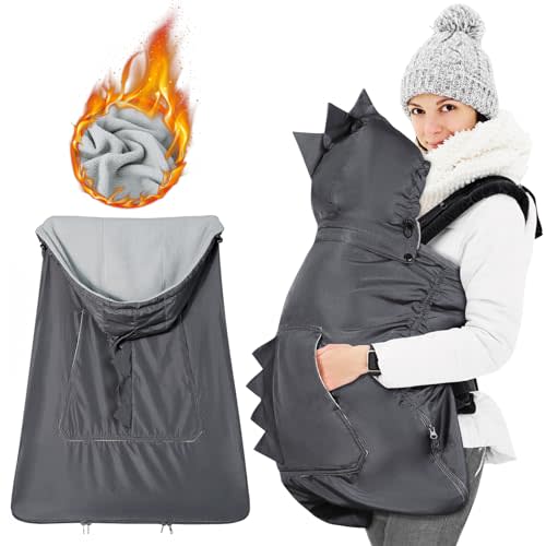 Orzbow Baby Winter Carrier Cover with Detachable Hood, Waterproof & Windproof, with Big Pockets, Universal for Baby Carriers and Baby Waist Stool| with Storage Bag, Dark Grey Dinosaur