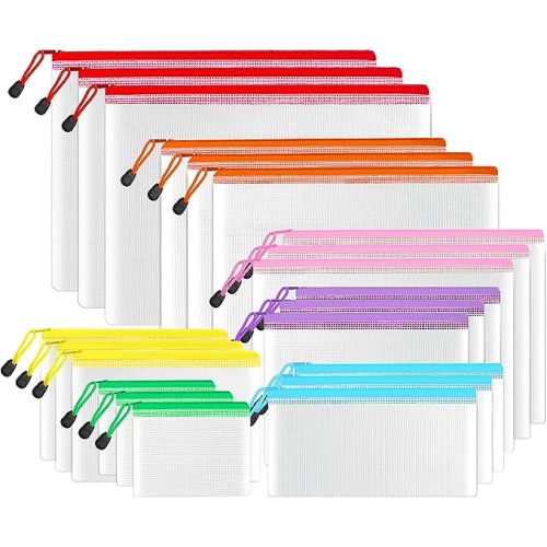 SUNEE Multisize Mesh Zipper Pouches (9 Colors, 24 Packs), Zip Bag for School Office Supplies, Puzzles & Games Organizing Storage