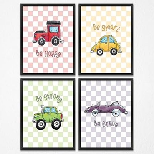 4Pcs Transportation Plaid Car Room Print, Cute Car Wall Art for Boys Girls Room Decor, Boy Nursery Wall Decor, Pictures Paintings Posters for Bedroom, Playroom,Vehicle Posters, 8x10inch, Unframed