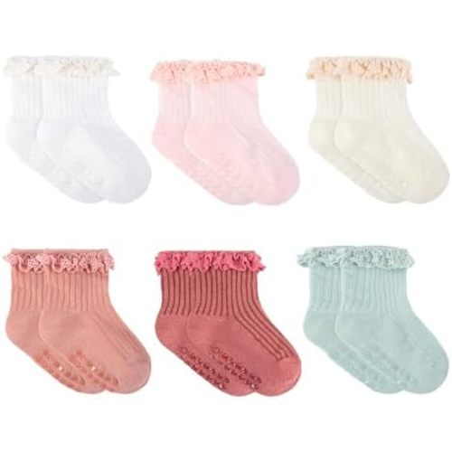 6 Pairs Baby Girl Ruffle Socks Non Slip Grips Cotton Frilly Ankle Crew Fancy Dress Socks for Newborn Infant Toddler
