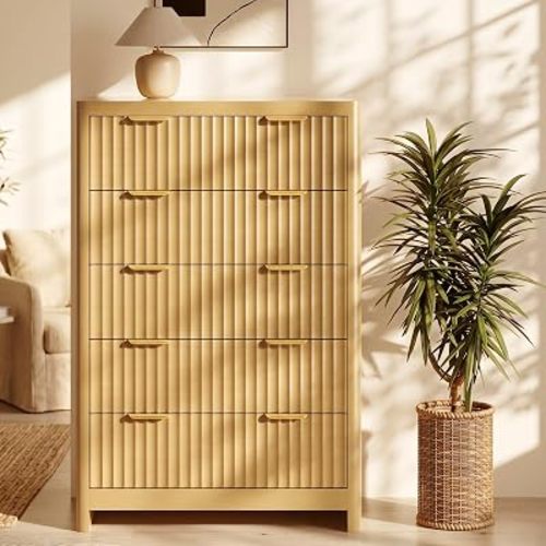 Fluted 47" Tall Dresser for Bedroom with 5 Drawers, Modern Chest of Drawers with Metal Handle & Deep Storage, Wood Closet Clothes Storage Organizer for Living Room & Hallway, Natural Oak Dresser