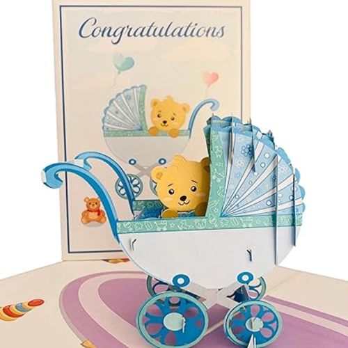 Baby Shower Pop Up Card for Boy Girl by DEVINE Popup Cards | New Baby Stroller Congratulations | Welcome Home Baby | 3D Gift Card Thank You | Congratulations Baby Card