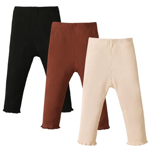 SOBOWO Baby Girl Leggings Pants Toddler Girls Solid Ribbed Pants 3 Pack Ruffle Bottoms Trouser Fall Winter Clothes 9M-3T