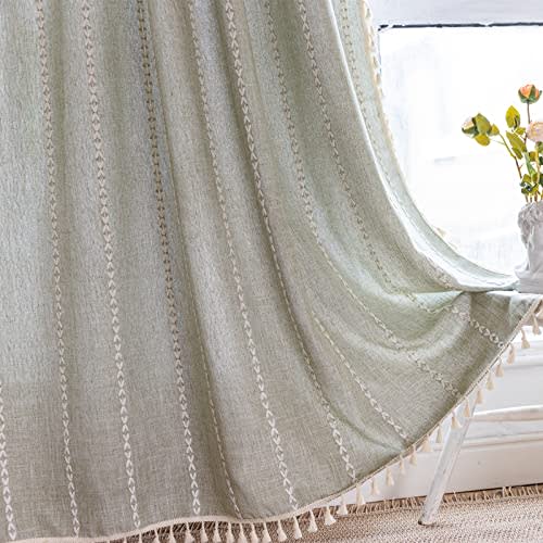 RoomTalks Sage Green Boho Farmhouse Curtains for Bedroom Living Room 96 Inch Length 2 Panels French Country Spring Cute Textured Window Curtain Panels Striped Bohemian Chic Tassel Draperies