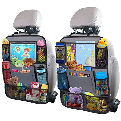 ULEEKA Car Backseat Organizer with 11" Table Holder, 10 Storage Pockets Seat Back Protectors Kick Mats for Kids Toddlers, Travel Accessories, 2 Pack, Gray