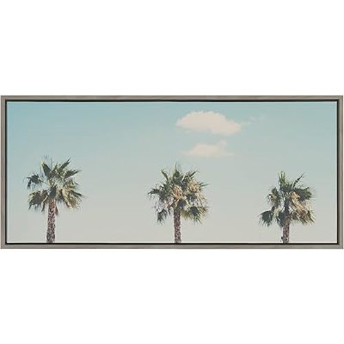 Kate and Laurel Sylvie A Trio of Palm Trees Framed Canvas Wall Art by Laura Evans, 18x40 Gray, Decorative Tropical Art for Wall