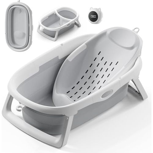 CheerTry 4-in-1 Collapsible Baby Bathtub for Newborn & Toddler 0-24M (Grey)