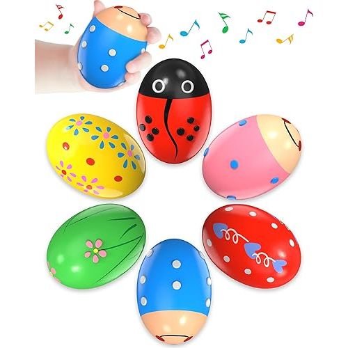 6 Pack Wooden Percussion Musical Shaker, Toddlers Stocking Stuffers, Baby Christmas Stocking Easter Basket Stuffers Egg Fillers Easter Gifts Montessori Toys for Kids Boys Girls