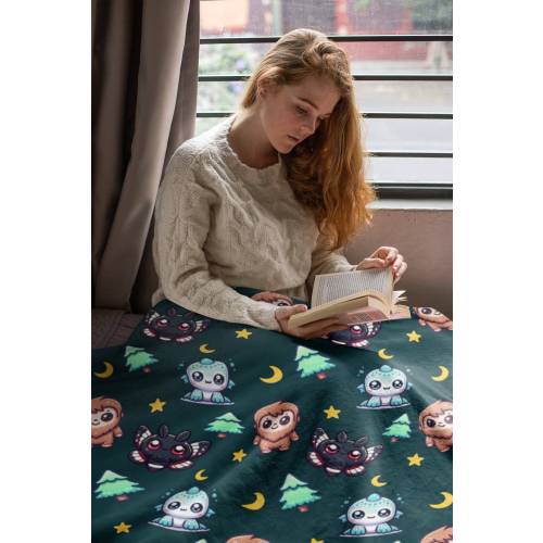 Cute Cryptids Plush Velveteen Blanket | Mothman Bigfoot Lagoon Creature Throw | Spooky Monster Legendary Cryptid Decor Cryptozoology Gift