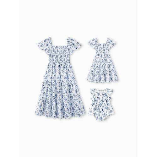 Mommy & me Outfit: Floral Smocking Casual Suit BLUEWHITE