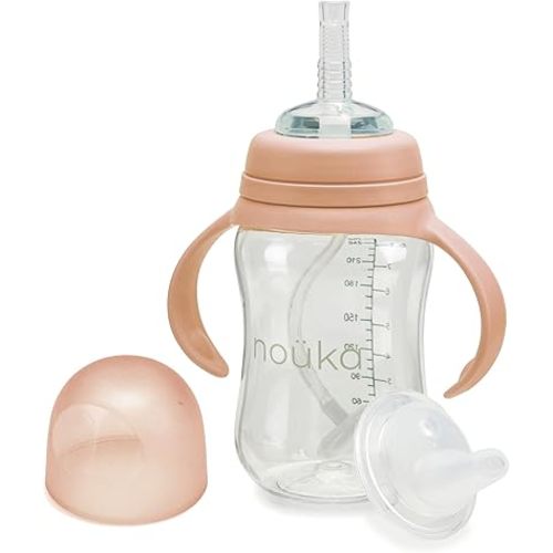 nouka Tritan Plastic Transitional Sippy Cup with Weighted Straw | Leak Proof and Easy Grip | Removable Handles | Soft Blush