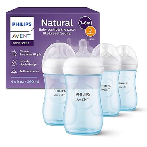 Philips Avent Natural Baby Bottles with Natural Response Nipples (Medium Flow, Flow 3), 9oz, Blue, 4-Pack