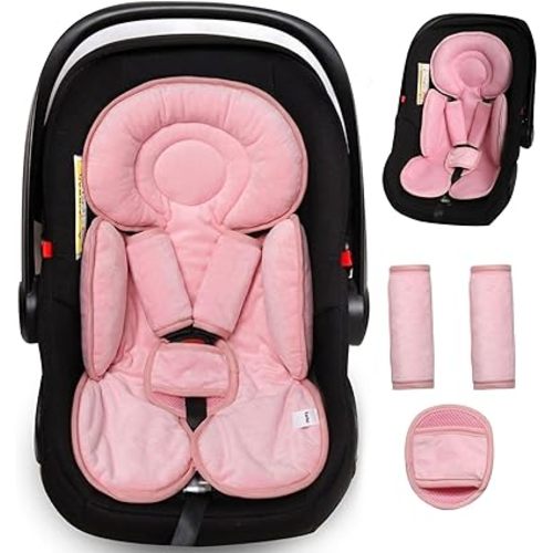 Infant Car Seat Insert for Newborn Girls Boys, 3 in 1 Reversible Cushion for Carseat with Strap Pads Buckle Cover Extra Soft Carseat Support Pad for All Season, Pink