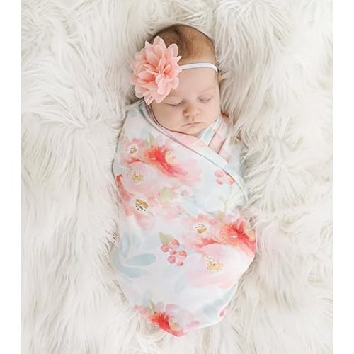 Baby Receiving Blanket Swaddle Blanket Infant Wrap with Matching Headband Beanie and Name Card (White and Pink)