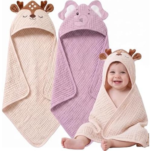 4 PCS Muslin Baby Bath Towels Set for Boys & Girls, Elephant & Deer