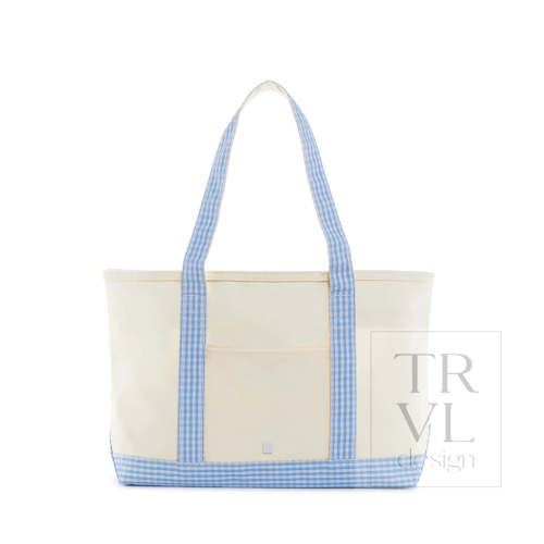 Tote Bag - Coated Canvas Medium Tote - Natural with Sky Gingham Trim