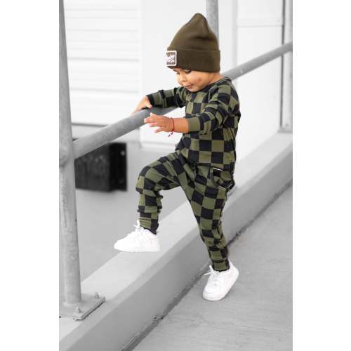 Organic Ribbed Set in Black + Olive Checkered