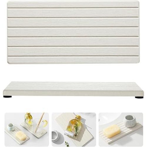 2 Pack Greige Bathroom Sink Vanity Trays, Diatomite Stone Kitchen Counter Caddy Dish Soap Dispenser Sponge Holder, Water Absorbing Mat Organizer for Plant,Cosmetic Bottle, Beige, 8"x3.8"
