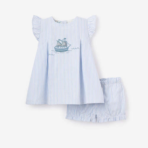Sailboat Embroidered Oxford Stripe Dress BLUE / 3-6M