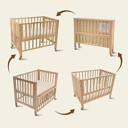 Flwrgirl Portable Mini Baby Crib - Pine Wood Foldable 4-in-1 Baby Crib with Mattress,Portable Bedside Bassinet Sleeper,3 Adjustable-Height Baby Cribs for 0-18 Months,Unpainted
