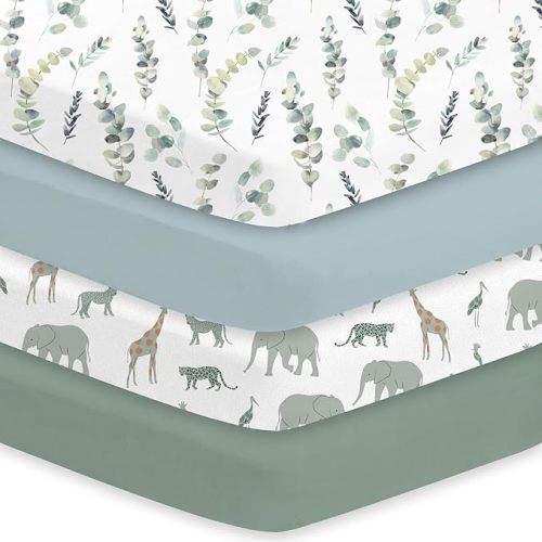 Little Grape Land Crib Sheets 4 Pack for Boys and Girls, Baby Neutral Crib Fitted Sheets for Standard Crib & Toddler Mattress, Super Soft Breathable Fitted Crib Sheet Set, Leaves & Safari